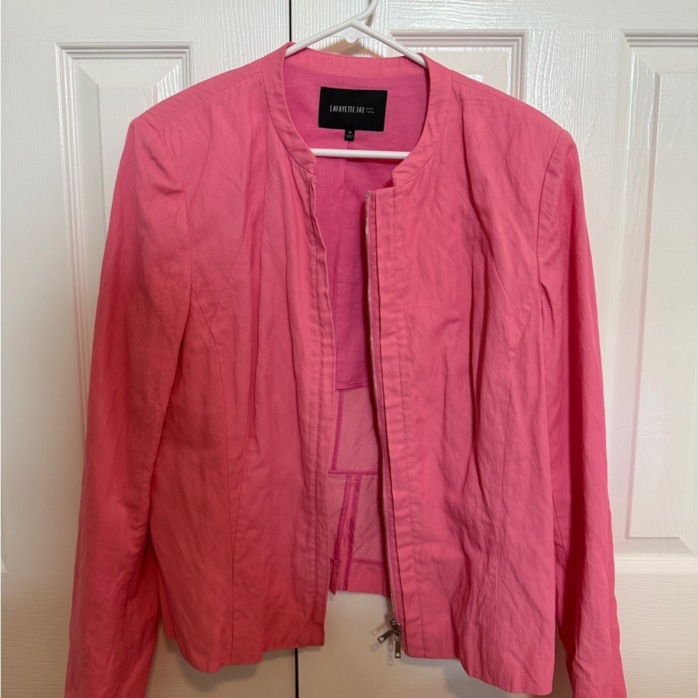 Lafayette 148 Womens Full Zip Blazer Size 16 Pink Shoulder Pads Barbie Career